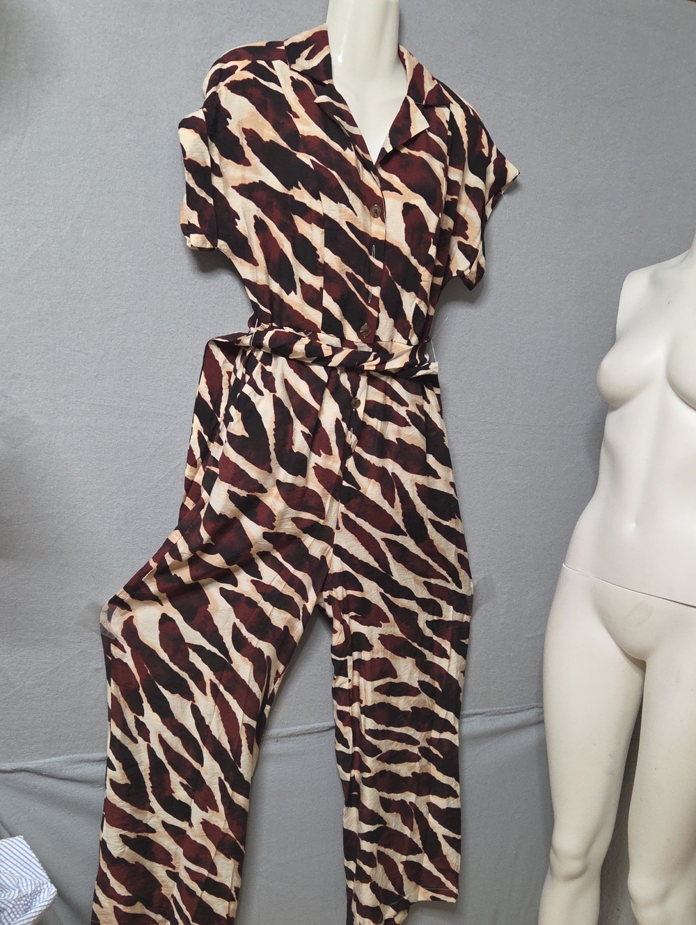 Women's Abstract Zebra Print Wide Leg Jumpsuit with Belt Small Sz.